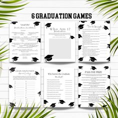 graduation games with black and white caps on them, surrounded by palm leaves in the background