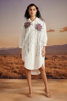 Ivory boyfriend shirt featuring floral, sequins and thread embroidered patchwork, Fit: Relaxed Shirt Dress Indian, Embroidered Shirt Dress, Floral Embroidery Dress, Fancy Shirt, Set Saree, Shirt Colour, Ivory Fabric, Applique Shirts, Pola Sulam