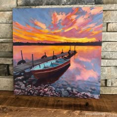 a painting of a boat on the water at sunset