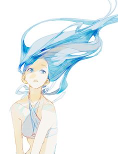 a drawing of a woman with blue hair in the air and her hands on her hips