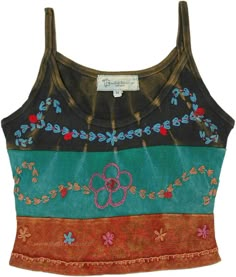 A short cropped tank top in stonewashed ribbed cotton with shades of green and orange and some artistic floral hand embroidery on each patch. The cropped tank is an artistic and harmonious piece of clothing with an outstanding overall look. #tlb #Sleeveless #Stonewash #Embroidered #vacationclothing #bohemianfashion #Handmade #JuniorPetite #bohotanktop #summerhippietanktop #ribbedcottontanktop Spring Hippie Green Crop Top, Cotton Crop Top Tank For Festivals, Hippie Cotton Sleeveless Crop Top, Hippie Sleeveless Cotton Crop Top, Hippie Cotton Tank Top, Spring Sleeveless Patchwork Crop Top, Green Cropped Cotton Tank Top, Bohemian Crop Top With Floral Embroidery, Bohemian Cotton Crop Top Tank