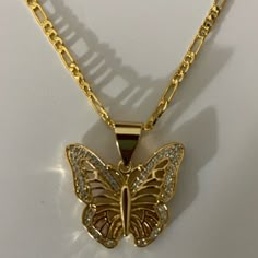 This Beautiful 18k Gold Plated Large Butterfly Pendant Come With A 60inch Gold Plated Chain Anti Tarnish Gold Butterfly Chain Jewelry, Gold Butterfly Jewelry, 14kt Gold Jewelry, Big Stone Ring, Butterfly Necklace Gold, Gold Flower Ring, Solid Gold Bracelet, Gold Chain With Pendant, Jewelry Accessories Ideas