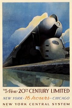 an advertisement for the new york central system, featuring a train on tracks and clouds in the sky