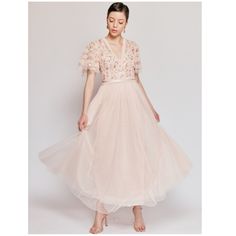 Needle & Thread Florentina Short Sleeve Bodice Ankle Gown, Blush, 6 (Us) - New With Tags - Orig: $529 - Embellished Ruffle Bodice - Ankle-Length Gown - Soft Tulle Skirt - Back Zip - Cotton; Cotton Lining - Professionally Clean Approx. Measurements: - Size: Us 6 - Across Shoulder: 13” - Bust: 34” - Waist: 26” - Hips: 44” - Body Length: 55” Actual Item For Sale Is Pictured Using A Mannequin. For Sizing Reference, Our Mannequin’s Measurements: Shoulder: 17” | Bust: 35.5” | Waist: 26.5” | Hips: 38.5 Elegant Pink Tulle Midi Dress, Pink Feminine Tulle Midi Dress, Feminine Lace Bodice Midi Dress For Wedding, Feminine Tulle Evening Dress For Gala, Spring Gala Gown With Lace Bodice, Feminine Evening Dress With Tulle Skirt, Beige Tulle Skirt Wedding Dress, Spring Gown With Lace Bodice In Tulle, Elegant Cream Dress With Tulle Skirt