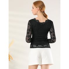 Made of lightweight semi-sheer fabric in a fitting silhouette, this elegant lace blouse is designed with a lace trim and full sleeves, which is an effortless option for weddings, night outings, or parties. A flattering deep V-neckline and long feminine sleeves, show your enchantment better. A scalloped lace trim and lace panel add a romantic feeling to this stretchy blouse, especially for teens, girls, or ladies. Slim fit design, makes you look more elegant. Perfect match mini skirts for a chic Stretch Long Sleeve Top With Lace Collar, Stretch Long Sleeve Tops With Lace Collar, Black Long Sleeve Top With Lace Patchwork, Black Long Sleeve Tops With Lace Patchwork, Elegant Long Sleeve Stretch Lace Top, Elegant Black Top With Scalloped Lace, Elegant Black Tops With Scalloped Lace, Elegant Black Scalloped Lace Top, Elegant Black Tops With Contrast Lace