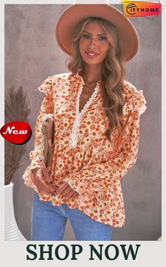 Orange Floral Pattern Peplum Blouse with Ruffles Ruffled Sleeve Blouse For Vacation, Ruffle Sleeve Blouse With Ruffles For Vacation, Ruffle Sleeve Blouse For Vacation, Bohemian Top With Ruffled Collar, Bohemian Ruffle Tops For Brunch, Fall Blouse With Lace Trim For Day Out, Fall Floral Print Ruffle Sleeve Tops, Bohemian Ruffle Sleeve Tops For Spring, Fall Brunch Blouse With Lace Trim