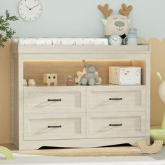 a baby's room with a crib, dresser and stuffed animals