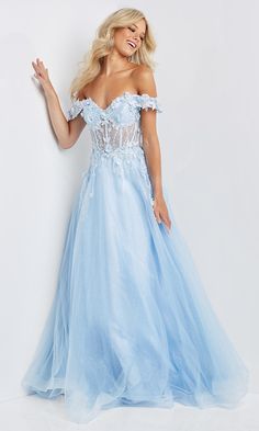 Off-Shoulder Prom Ball Gown with Corset - PromGirl Flowy Corset Prom Dress, Corsette Dress Prom Formal, Sheer Bodice Prom Dress, Unique Blue Prom Dresses, Light Blue Tulle Prom Dress, Light Blue Prom Dresses, Prom Dresses Flowy, Formal Inspiration, Jovani Prom Dresses