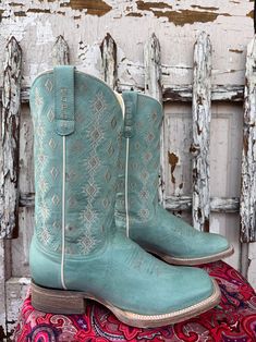 Roper Women's Anika Light Blue Aztec Square Toe Cowgirl Boots 7616-858 | Painted Cowgirl Western Store Western Turquoise Boots With Patina, Turquoise Western Boots With Patina, Turquoise Western Boots For Ranch, Western Turquoise Boots For Rodeo, Western Style Blue Boots With Square Toe, Fitted Turquoise Boots For Ranch, Turquoise Western Boots With Snip Toe, Blue Snip Toe Boots For Rodeo, Blue Western Boots For Ranch