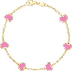 a gold bracelet with pink hearts on it