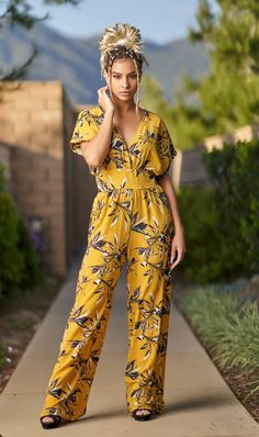 Missy Jumpsuit Yellow Floral Print Summer Jumpsuit, Summer Jumpsuit With Floral Print And V-neck, Green V-neck Tropical Print Jumpsuit, Casual Black Printed Jumpsuit/romper, Multicolor Printed Maxi-length Jumpsuits And Rompers, Brunch Dates, Floral Print Design, Wide Leg Pant, Minimal Chic