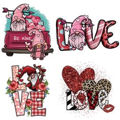 valentine's day greeting cards with pink and red hearts, love gnomes, be mine