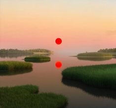 a red ball is floating in the water near some green grass and trees at sunset