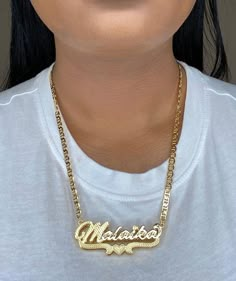 name plate necklace 90s Name Necklace, Mexican Name Necklace Gold, Name Plates Necklace Gold, Name Plated Necklace, Gold Name Plate Necklace Mexican, Gold Necklaces With Name, Luxury Nameplate Jewelry, Double Plated Name Necklace, Gold Necklace Name Design