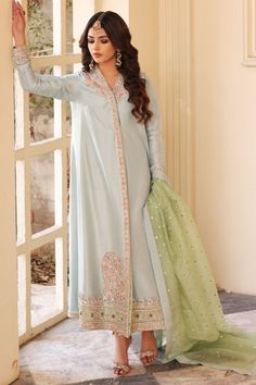 Aisha Imran. Primorose Long Sleeve Slub Silk Anarkali Set With Mirror Work, Silk Anarkali Set With Mirror Work And Long Sleeves, Blue Raw Silk Salwar Kameez With Mirror Work, Green Wedding Sherwani With Mirror Work, Blue Long Sleeve Raw Silk Salwar Kameez, Blue Long Sleeve Raw Silk Anarkali Set, Blue Raw Silk Anarkali Set With Long Sleeves, Blue Raw Silk Long Sleeve Salwar Kameez, Wedding Blue Silk Sherwani