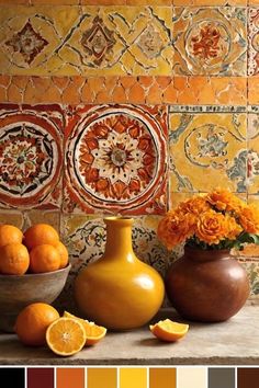 an orange and yellow color scheme with vases, flowers and fruit on the table