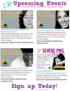 Upcoming online classes and seminars for those with BPD or other emotion dysregulation issues. Therapy Skills, Good For Me, Mental Health Resources, Instructional Design