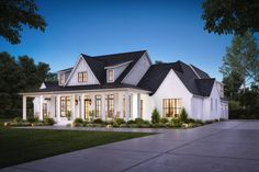 this is an artist's rendering of the front elevation of these modern farmhouse house plans