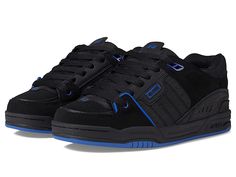 Globe Fusion - Men's Skate Shoes : Black/Blue : Black/Night is an exclusive colorway! Skate shoes with leather and synthetic uppers. Triple stitched, triple-layered toe cap. TPR ollie reinforcement. Hidden lacing option. TPR heel stabilizer. Complete inner sock construction combining a unique combination of breathable mesh, Lycra and Micro P materials. Tongue pull for easy access. Super-soft, full-length internal die-cut kinetic EVA cushioning system. Supportive CM rubber cupsole with stitch rei Functional Low-top Sneakers With Padded Tongue, Functional Black Sneakers With Padded Tongue, Black Outdoor Sneakers With Padded Tongue, Leather Sneakers With Reinforced Toe For Streetwear, Urban Sneakers With Padded Tongue And Synthetic Material, Breathable Synthetic Sneakers For Skateboarding, Functional Sports Sneakers With Padded Tongue, Functional Sneakers For Sports With Padded Tongue, Black Lace-up Sneakers With Reinforced Toe