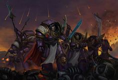 a group of warhammers standing next to each other in front of a fire