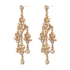 Embrace royalty with our Nikita Earrings, boasting a regal design fit for a queen. Crafted with a lustrous 24K gold-plated metal base, they feature genuine crystals and Czech glass pearls, intricately woven into a detailed design. These earrings make a bold statement, adding grandeur to your look and feature a post back for easy wear. All jewelry is made to order in our New York City design studio. Please allow 7-14 business days for production from the order date. Measurements: 2 1/2" L x 1" W Luxury Gold Chandelier Earrings For Festive Occasions, Luxury Gold Pearl Drop Chandelier Earrings, Luxury Gold Chandelier Earrings With Pearl Drop, Elegant Gold-tone Dangle Chandelier Earrings, Elegant Gold Chandelier Earrings, Yellow Gold Metal Chandelier Earrings For Wedding, Elegant Jeweled Pearl Earrings For Festive Occasions, Glamorous Gold Pearl Jewelry, Exquisite Gold Baroque Jewelry