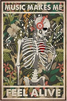 a skeleton with headphones and music notes on it's face is surrounded by flowers