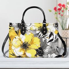 Large Yellow and Grey Watercolor Flower Design Leather Handbag (PU) - – Texas Daisy Elegant Multicolor Large Capacity Satchel, Daily Use Floral Print Rectangular Shoulder Bag, Daily Use Floral Print Shoulder Satchel, Spring Floral Print Double Handle Shoulder Bag, Spring Square Satchel With Detachable Handle, Chic Bags With Floral Print For Daily Use, Chic Daily Use Bags With Floral Print, Chic Floral Print Bags For Daily Use, Trendy Floral Print Tote Shoulder Bag