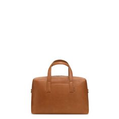 the tan leather briefcase is shown on a white background, it has a handle and two handles