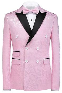 Luxury Pink Blazer With Lapel Collar, Luxury Pink Blazer With Notch Lapel, Luxury Pink Blazer For Formal Occasions, Luxury Pink Formal Blazer, Double-breasted Tuxedo For Party, Pink Fitted Suit For Parties, Pink Fitted Suits For Party, Luxury Pink Blazer For Semi-formal Occasions, Pink Luxury Blazer For Semi-formal Occasions