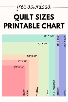 the printable quilt size chart is shown