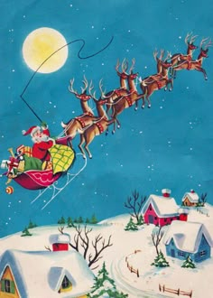 a painting of santa flying through the sky with his sleigh and reindeers