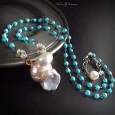 CUSTOM Made to Order - Baroque Pearl Necklace with Turquoise, Vintage Rhinestone Accents and White Sapphire Elegant Beaded Turquoise Pendant Necklace, Elegant Turquoise Beaded Pendant Necklace, Turquoise Pearl Jewelry With Pearl Charm, Elegant Turquoise Pearl Jewelry With Pearl Charm, Elegant Turquoise Pearl Necklace With Gemstone, Handmade Turquoise Pearl Necklace, Turquoise Pearl Drop Jewelry, Turquoise Pearl Pendant Necklace As Gift, Elegant Turquoise Pearl Necklace