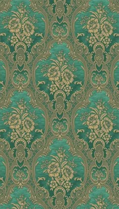 a green and gold wallpaper with an ornate design