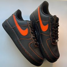 Orange stitched custom on an authentic black AF1. Sizing Details Air Force 1's run big, so we recommend customers choose a half size smaller than their usual size. **Sizes listed are Men sizes, equivalent women sizes can be seen in size chart on the last slide** Black Casual Custom Sneakers With Embroidered Logo, Casual Black Custom Sneakers With Embroidered Logo, Casual Black Nike Air Force 1 For Streetwear, Fitted Sneakers For Streetwear With Round Toe, Custom Black Sneakers For Sports, Fitted Black Casual Sneakers, Black Custom Sneakers With Round Toe, Custom Black Round Toe Sneakers, Casual Fitted Black Sneakers