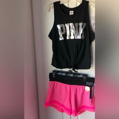 Nwot Victoria Secret Black Bling Tank And Pink Workout Shorts Both Size M New With Out Tags Pink Short Bottoms For Cheerleading, Sporty Pink Cheerleading Bottoms, Sporty Pink Bottoms For Cheerleading, Pink Shorts With Built-in Liner For Cheerleading, Pink Bottoms For Summer Cheerleading, Pink Sporty Shorts For Cheerleading, Sporty Pink Shorts For Cheerleading, Pink Stretch Sporty Pajama Shorts, Pink Stretch Athleisure Pajama Shorts