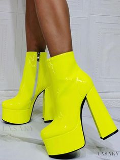 Lasaky - Yellow PU Leather Geometric Round Toe Platform Chunky Heel Womens Ankle Boots Yellow Ankle Boots, High Heel Ankle Boots, Yellow Boots, Chunky Heel Ankle Boots, Ankle Boots For Women, Womens Chunky Heels, Super High Heels, Casual Sneakers Women, Heel Ankle Boots