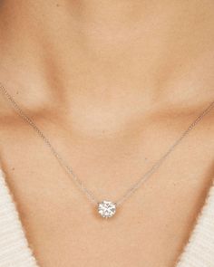 This ever-classic solitaire pendant features a round brilliant 2 carat stone in a 14k white gold setting — perfect for everyday sparkle. Diamond Necklace Silver, Single Diamond Necklace, Round Diamond Pendant, White Lab, Diamond Solitaire Necklace, Solitaire Necklaces, Solitaire Pendant, Diamond Pendant Necklace, 2 Carat