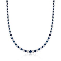 Ross-Simons - 8.75ct t.w. Sapphire, 1.50ct t.w. Diamond Tennis Necklace. 18". Indulge in the luxury of sapphires and diamonds at an affordable price! This magnificent tennis necklace features 8.75 ct. t.w. round sapphires illuminated by 1.50 ct. t.w. round brilliant-cut diamonds in polished sterling silver. Graduates from 1/16" to 3/16" wide. Single-latch safety. Push-button clasp, diamond and sapphire tennis necklace. Diamond birthstones are the perfect gift for April birthdays. Sapphire Necklace With Brilliant Round Cut, Luxury Sapphire Necklace With Brilliant Cut, Formal Blue Necklaces With Single Cut Diamonds, Classic Sapphire Diamond Necklace With Brilliant Cut, Formal Sapphire Necklace With Single Cut Diamonds, Formal Sapphire Diamond Necklace In Fine Jewelry Style, Classic Sapphire Diamond Necklace For Formal Occasions, Sapphire Diamond Necklace For Formal Occasions, Classic Sapphire Necklace For Formal Occasions