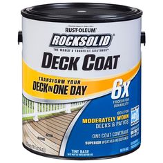 Rust-Oleum RockSolid 6X Deck Coat is a water-based coating designed for resurfacing moderately worn decks and patios. RockSolid Deck in a Day Program eliminates the need for stripping and sanding. Use RockSolid Deck Cleaner and Deck Start Wood Primer prior to application for project completion in only 1 day. Rust-Oleum RockSolid Tintable Satin Solid Water-based Exterior Resurfacer (1-Gallon) in White | 300113A Old Deck Makeover, Old Deck Makeover Diy, Painted Decks Colors Ideas, Grey Deck Paint, Painted Decks, Deck Cleaner, Decks And Patios, Wood Primer, Deck Repair