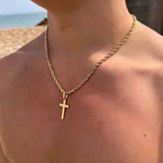 Add An Elegant Touch To Any Outfit With This Chic 14k Gold Plated Steel Rope Chain And Cross Pendant "22" Long Cross Chain Aesthetic Men, Men's Chains Gold, Cross Chain Necklace Men, Gold Cross Chain For Men, Gold Cross Pendant For Men, Cross Necklace Aesthetic Men, Rope Chain Necklace With Cross Pendant For Gift, Gift Rope Chain Necklace With Cross Pendant, Gift Cross Pendant Necklace With Rope Chain