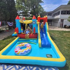 an inflatable bounce house with a slide and pool