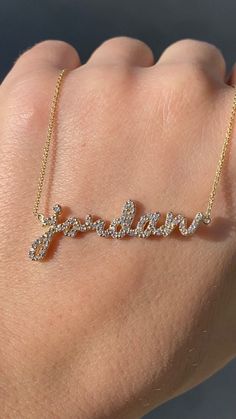 Our Diamond Custom Script Name Necklace is the newest addition to our name necklaces. Made for the true diamond lover! This personalized diamond name necklace is perfect for everyday wear and layering. -Color: F -Clarity: SI *For 6 Letters: Approximately .50 Carats of Diamonds* This will be made just for you, so please allow 3-4 weeks to complete. *Please provide the Name as a note at checkout* *All name plates are custom. Therefore, they are all final sale* Brief Overview: -30 Day Return Policy Name Engraved Necklace, Diamond Name Chain, Customized Necklace, Diamond Name Necklace, Layered Diamond Necklace, Necklace Name, Name Plate Necklace Gold, Name Chain, Name Necklace Gold