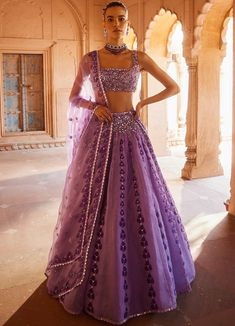 Lavender Embellished Organza Lehenga Set Prevasu - Fabilicious Fashion Lehenga Belt, Indian Wedding Dress Traditional, Lavender Lehenga, Purple Lehenga, Cultural Clothes, Ethereal Elegance, Saree Blouse Styles, Organza Lehenga, Vacuum Storage