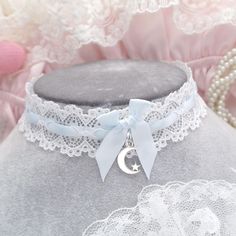 Little Crescent Moon Choker Necklace White Lace baby blue bow , collar pastel cute Romantic Fashion Everyday jewelry ♡ Width 2.5 cm ♡ Width 30cm / 35 cm + 5 cm tail Pastel Blue Jewelry, Adjustable White Bow Jewelry, Cute Bow Jewelry For Parties, Cute Blue Necklace For Birthday, Cute Jewelry With Butterfly Knot For Gifts, Cute Butterfly Knot Jewelry For Parties, Cute Blue Necklace For Gift, Cute Butterfly Knot Jewelry For Gifts, Cute Round Jewelry For Party