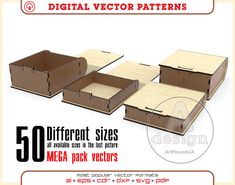 an advertisement for different sizes and shapes of cardboard boxes with the words 50 mega pack