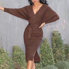 Chocolate Brown Sweater Dress Casual Winter Midi Dress For Brunch, Brown Midi Dress For Winter, Brown Midi Dress For Fall Brunch, Brown Fall Midi Dress For Brunch, Brown V-neck Midi Dress For Winter, Winter Brown V-neck Midi Dress, Fall Brunch Brown Midi Dress, Winter Midi Dress For Brunch, Knee-length Winter Dress For Brunch