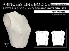 the front and back of a sewing pattern for princess line bodice, with an attached