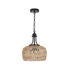 the light fixture is made from rattan and has an iron chain hanging from it