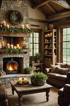 a living room filled with furniture and a fire place in front of a stone fireplace