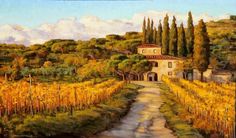 an oil painting of a road leading to a house in the middle of a vineyard